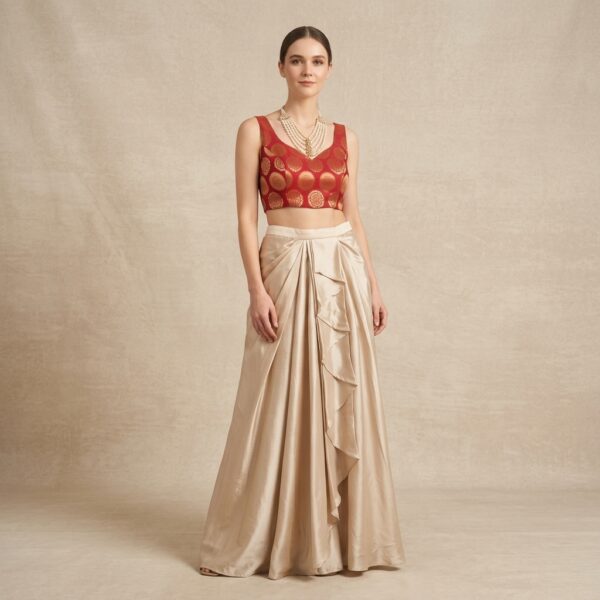 Red Embellished Corset Top With Beige Draped Skirt Set - Image 1