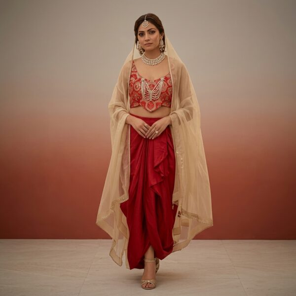 Red Embellished Halter Neck Dhoti Set for Women - Image 1