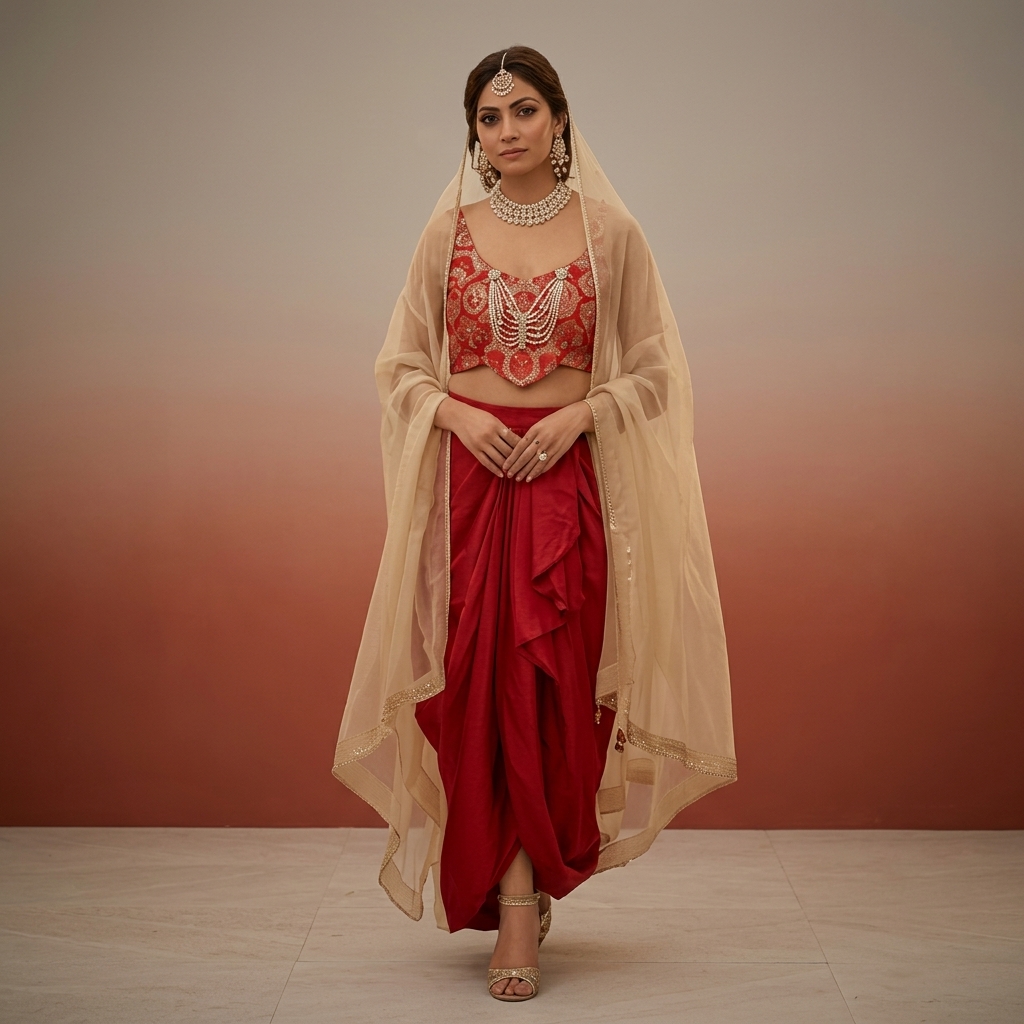 Red Embellished Halter Neck Dhoti Set for Women
