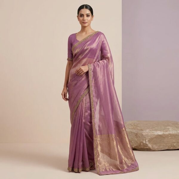 Purple Organza Silk Embellished Saree with Blouse - Image 1