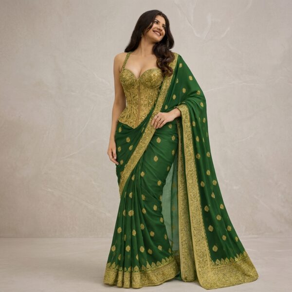Green Silk Embroidered Saree with Gold Corset Blouse for Women - Image 1