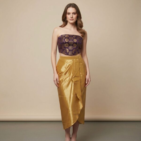 Purple Brocade Tube Top with Gold Draped Skirt Set for Women - Image 1