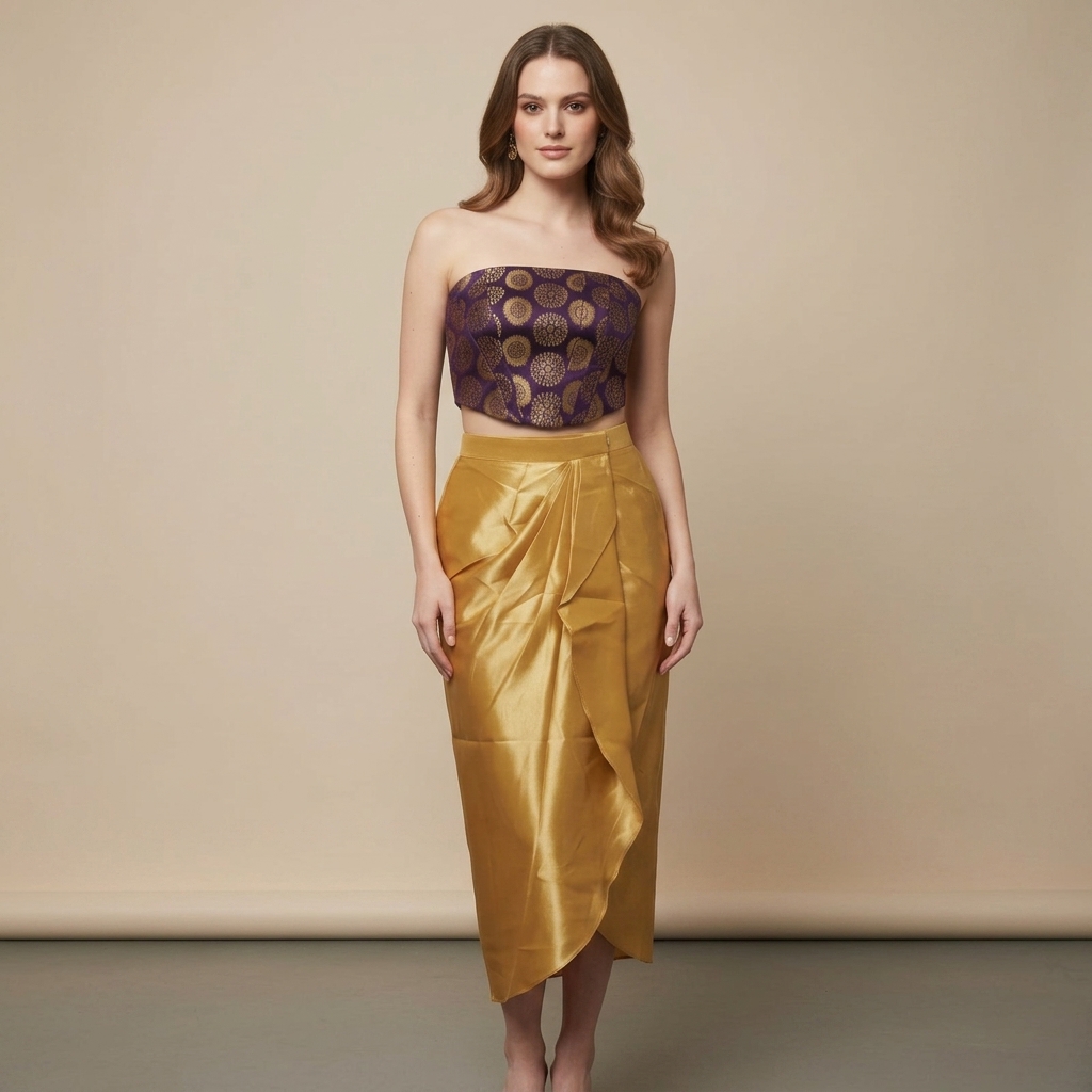 Purple Brocade Tube Top with Gold Draped Skirt Set for Women