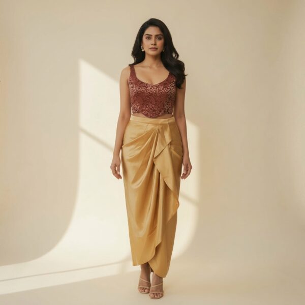 Rust Embroidered Crop Top with Gold Draped Skirt Set for Women - Image 1