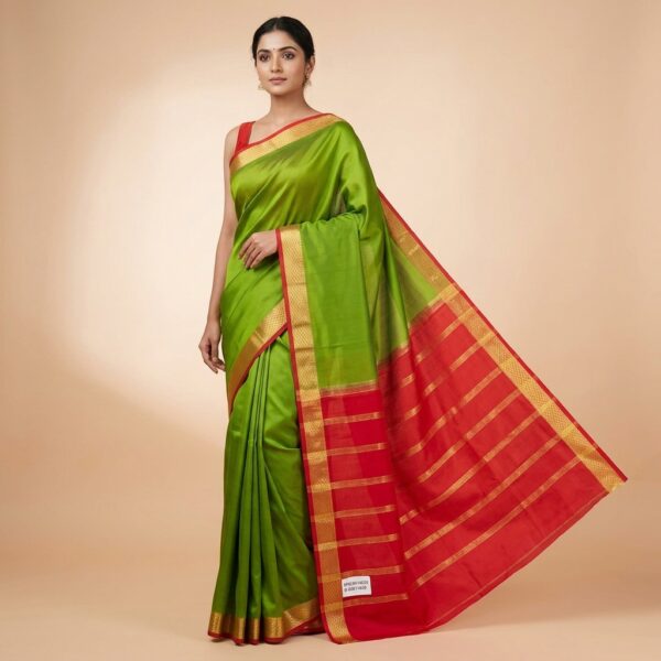 Green And Red Pure mysore crape Saree With Golden Zari Border - Image 1
