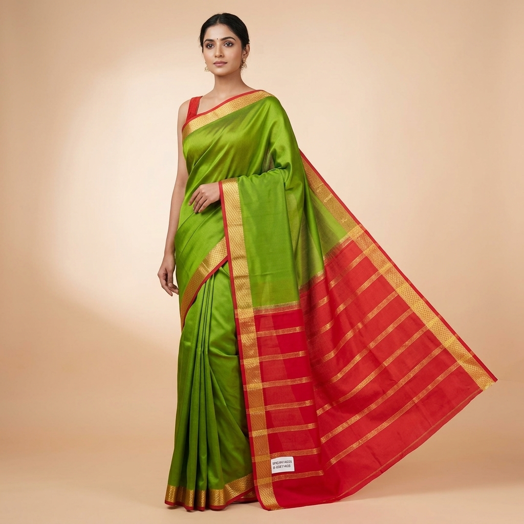 Green And Red Pure mysore crape Saree With Golden Zari Border