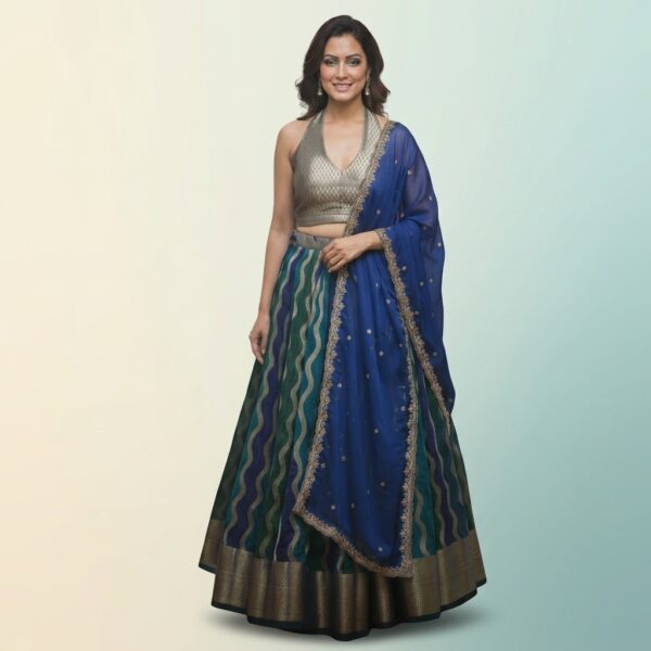 Blue Green Leheriya Silk Lehenga Choli Set for Women - Image 1