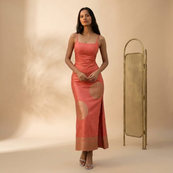 Coral Silk Festive Maxi Dress for Women - Image 1