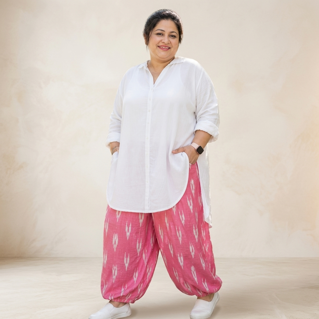 White Cotton Kurta With Pink Ikat Patiala Set For Women