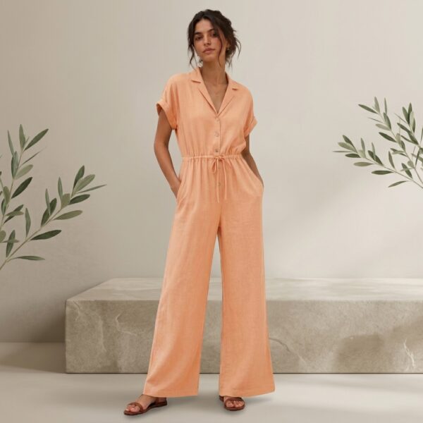 Peach Linen Collared Jumpsuit for Women - Image 1