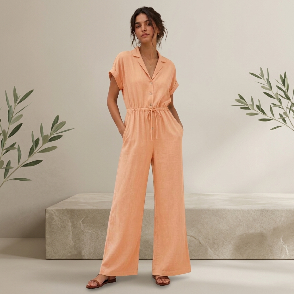Peach Linen Collared Jumpsuit for Women