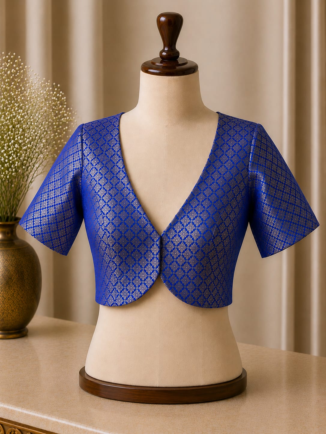 sabyasachi cut Blue Brocade blouse with sleeves - Image 1