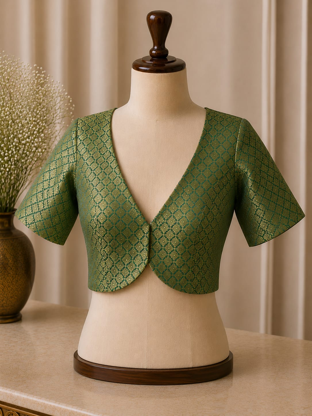 sabyasachi cut Green Brocade blouse with sleeves - Image 1