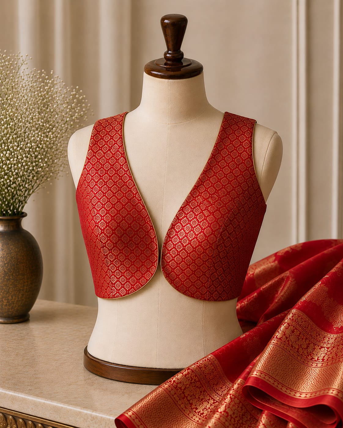 sabyasachi cut RED Brocade blouse  sleeveless - Image 1