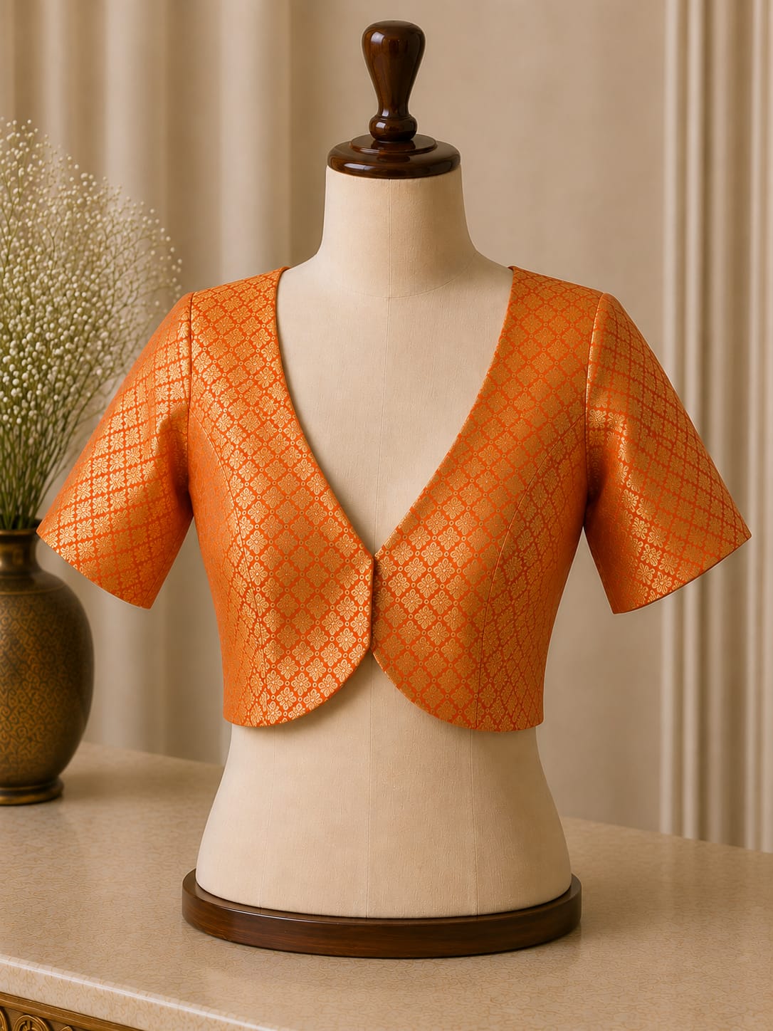 sabyasachi cut orange Brocade blouse with sleeves - Image 1