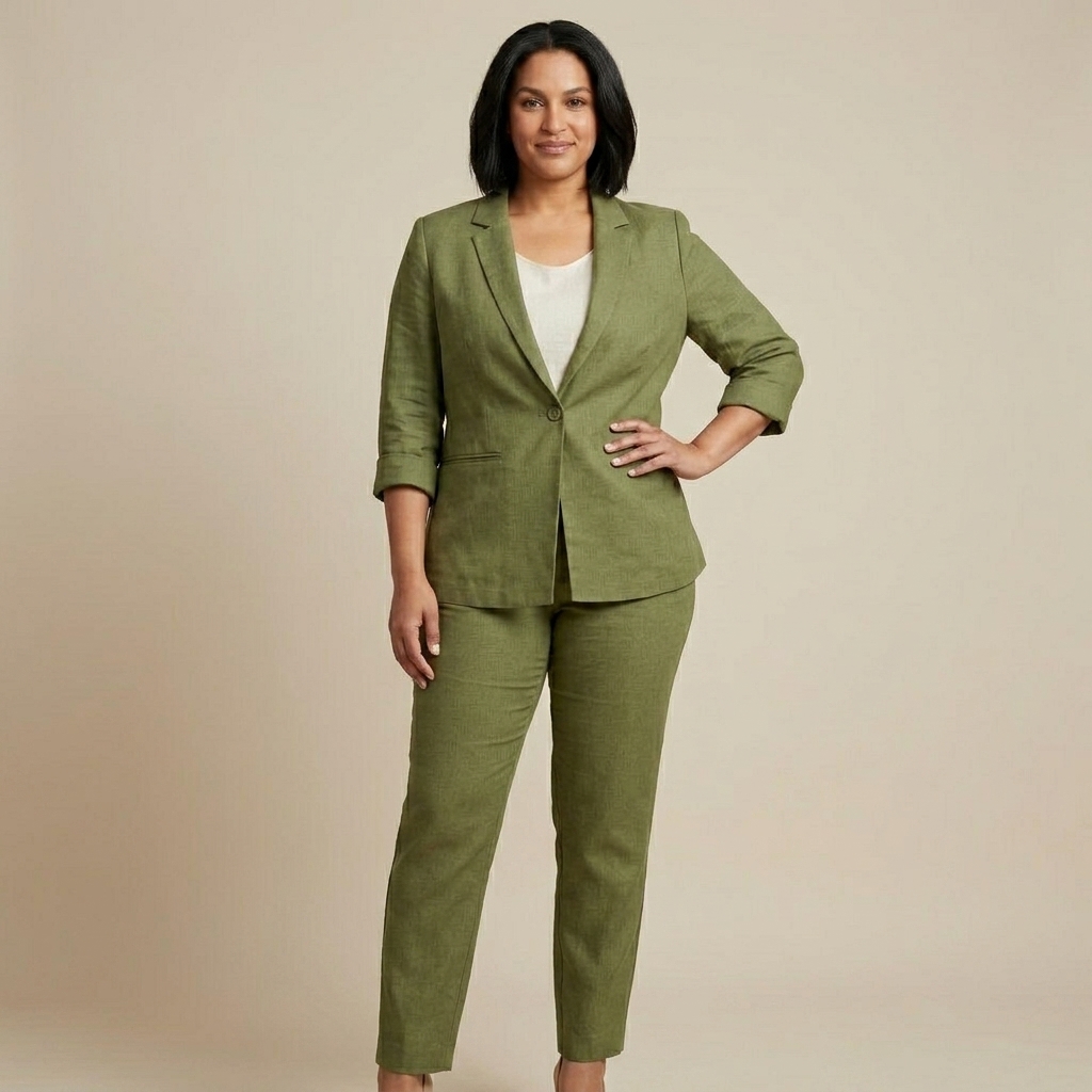 Olive Green Linen cotton Formal Blazer And Trouser Suit Set For Women