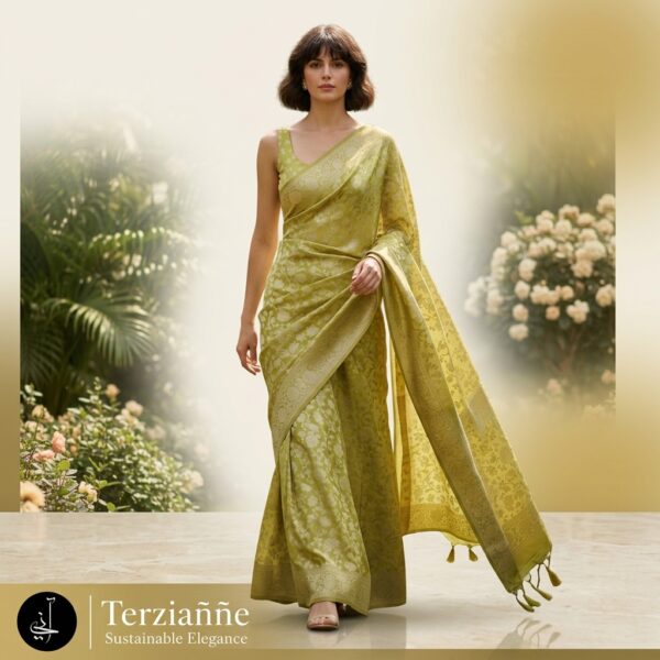 Lime Green Silk Embroidered Saree for Women - Image 1