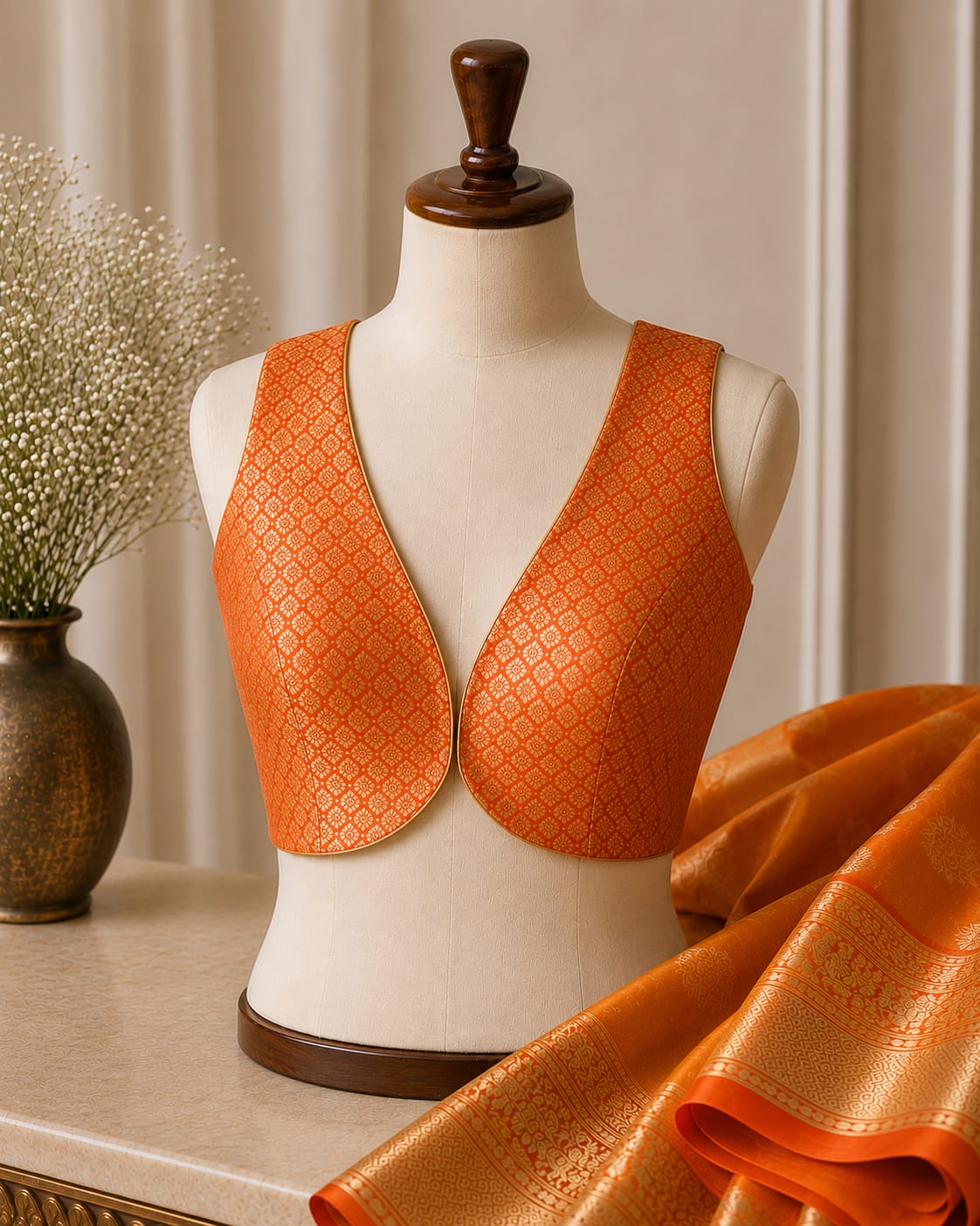 sabyasachi cut orange Brocade blouse with sleeveless - Image 1