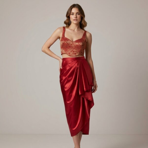 Red Embroidered Satin Crop Top and Draped Skirt Set for Women - Image 1