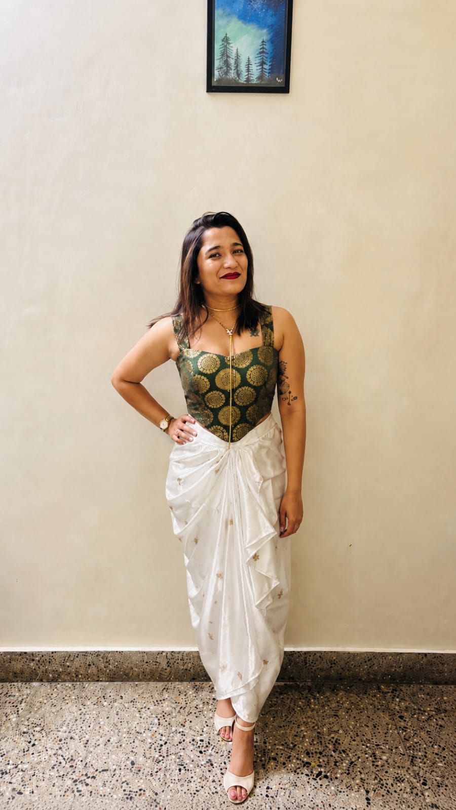 white embellished Green Satin Draped Skirt with dark green Brocade Crop Top Set