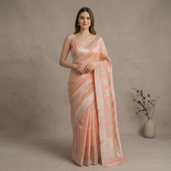 Peach Organza Woven Saree for Women - Image 1
