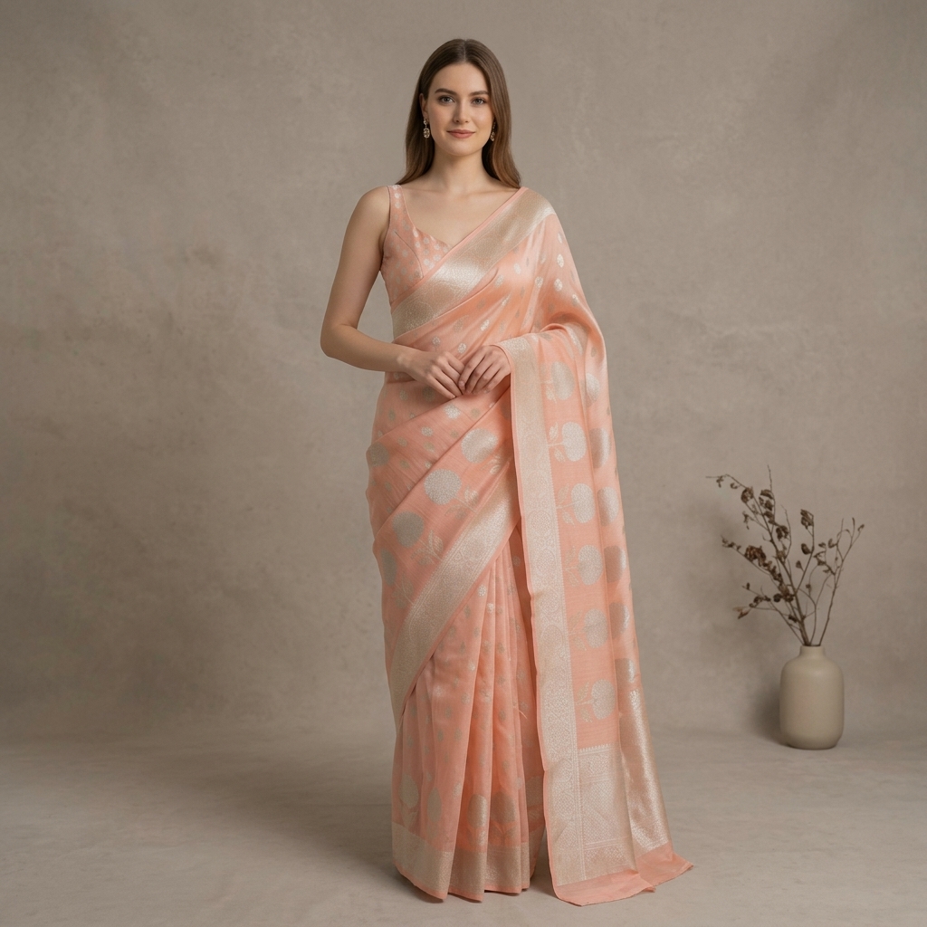 Peach Organza Woven Saree for Women
