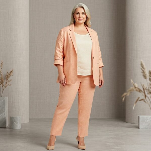 Peach Linen cotton Formal Blazer And Trouser Suit Set For Women - Image 1