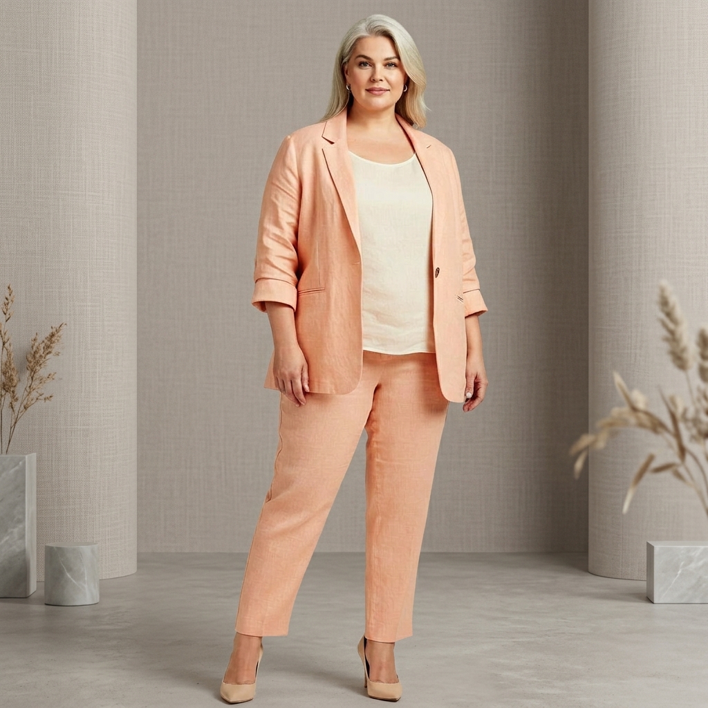 Peach Linen cotton Formal Blazer And Trouser Suit Set For Women