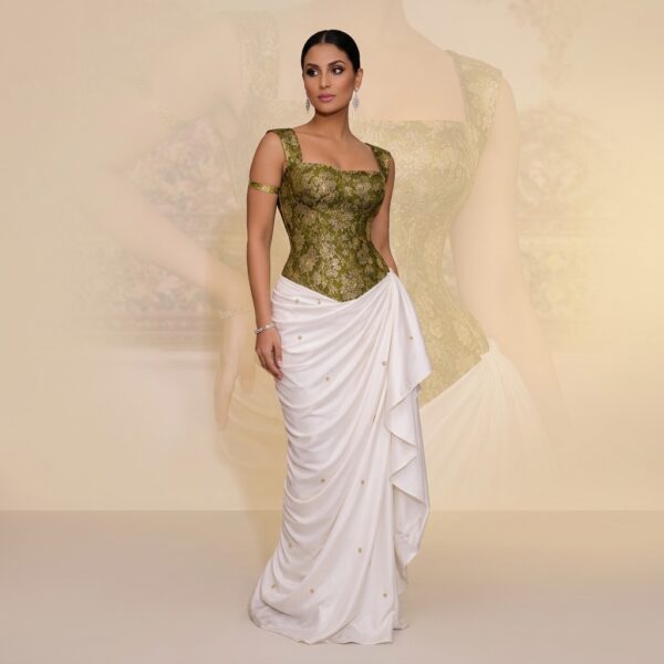 Olive Green Brocade Corset Top With White Draped Skirt - Image 1