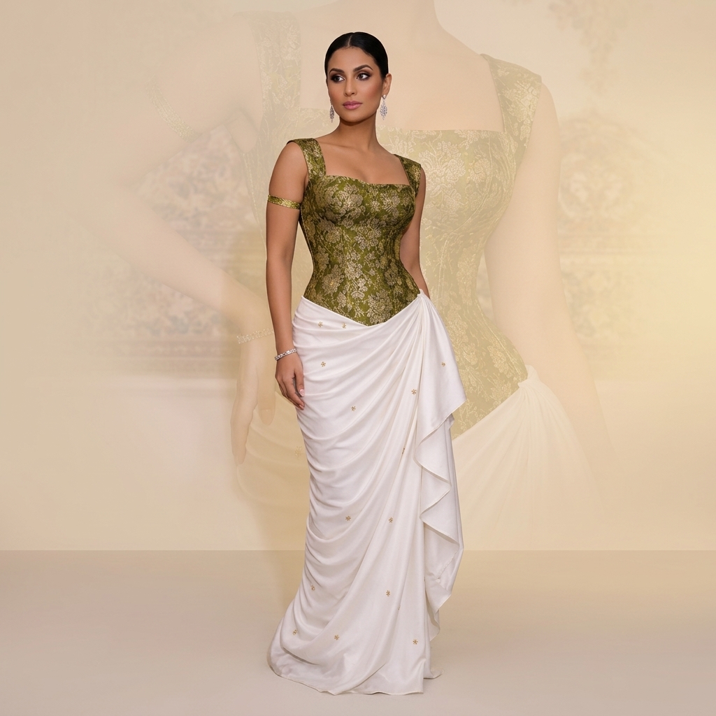 Olive Green Brocade Corset Top With White Draped Skirt