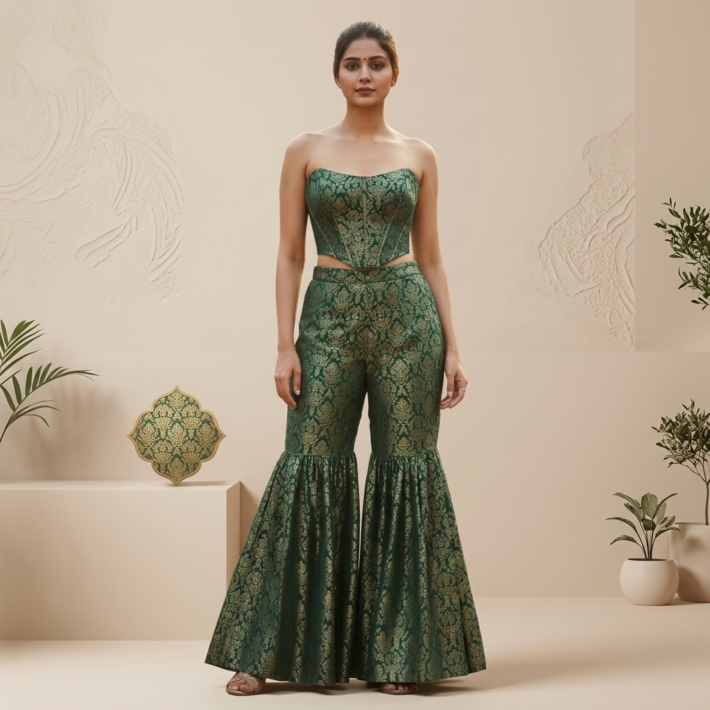 Green Brocade Strapless Crop Top And Flared Pants Set for Women