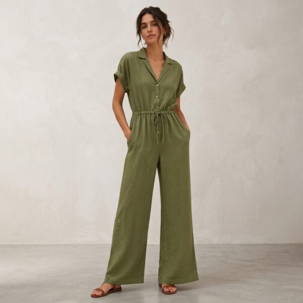 Olive Green Collared Button Down Jumpsuit for Women - Image 1