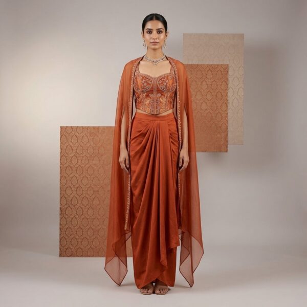 Rust orange brocade corset Set with Drape skirt and tissue cape for Women - Image 1