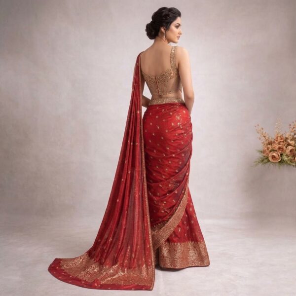 Red Silk Embroidered Saree With Gold Blouse - Image 2