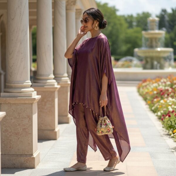 wine satin silk Kaftan Suit Set for Women - Image 2