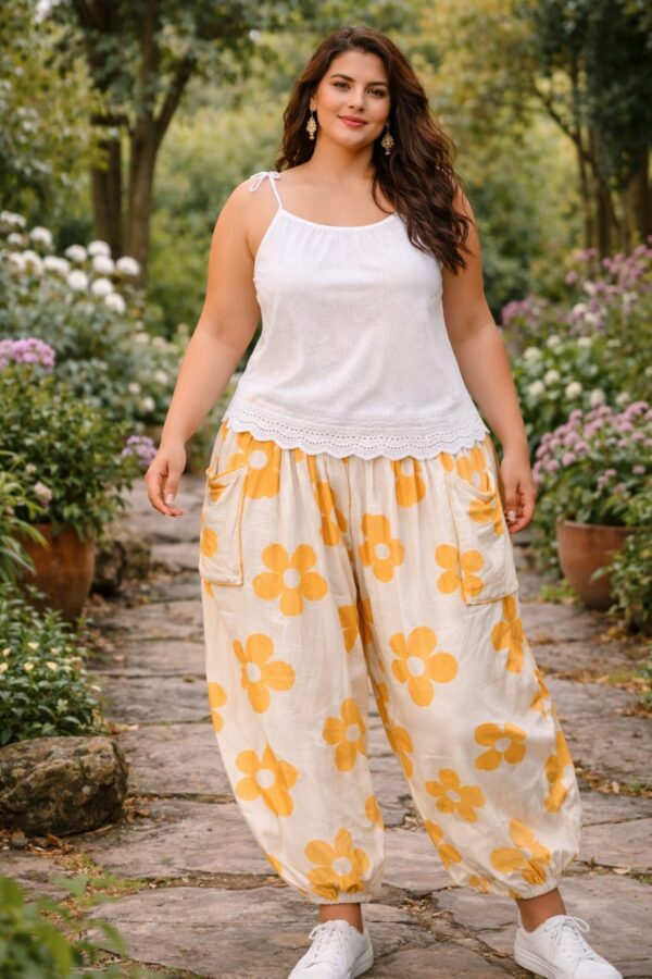 Yellow Floral Print Wide Leg balloonPants for Women - Image 2