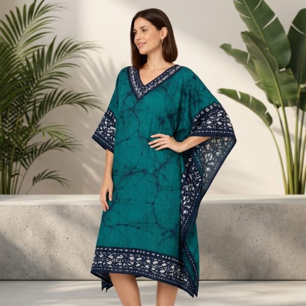 Teal Batik Kaftan with Navy Blue Border for Women - Image 2