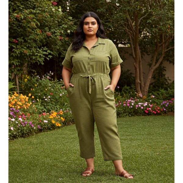 Olive Green Button Down Utility Jumpsuit for Women - Image 2
