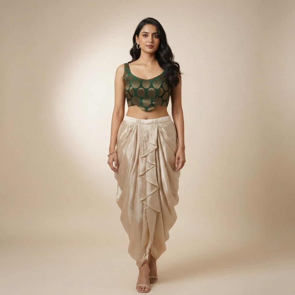 Green Embroidered Crop Top With Cream Dhoti Pants Set