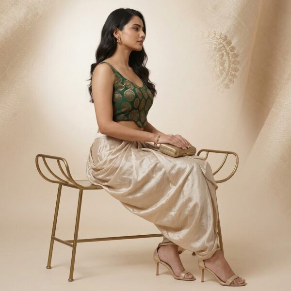 Green Embroidered Crop Top With Cream Dhoti Pants Set - Image 2