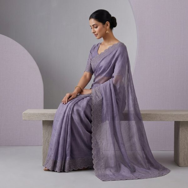 Purple Tissue crape Embellished Scalloped Saree With unstiched Blouse - Image 2