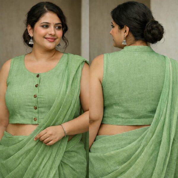 Green pure linen Cotton Sleeveless Blouse With Button Detail For Women - Image 2