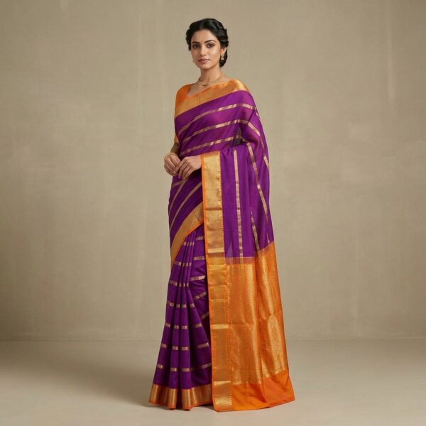Purple And Orange Mysore crape Silk Saree With Golden Border - Image 1
