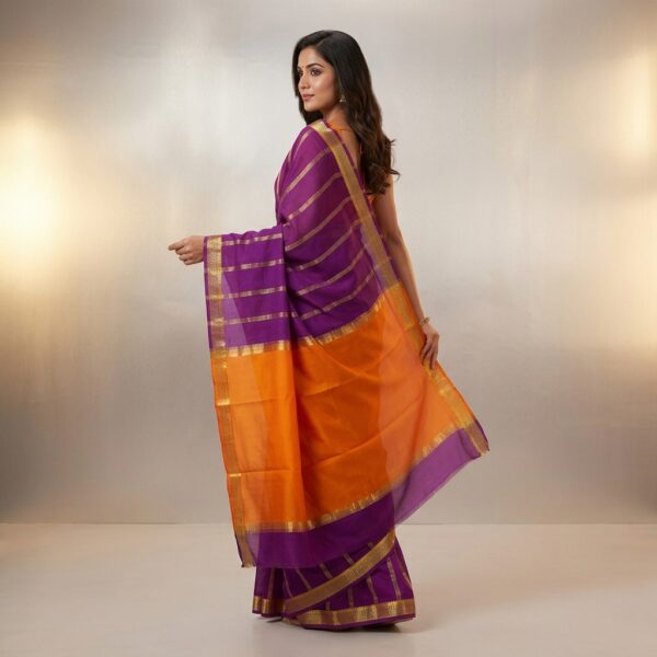 Purple And Orange Mysore crape Silk Saree With Golden Border - Image 2