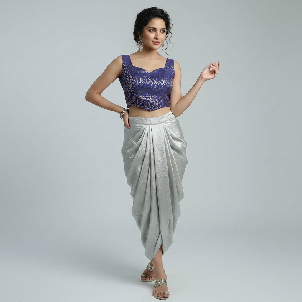 Silver Metallic Draped Skirt With Navy Embellished Crop Top