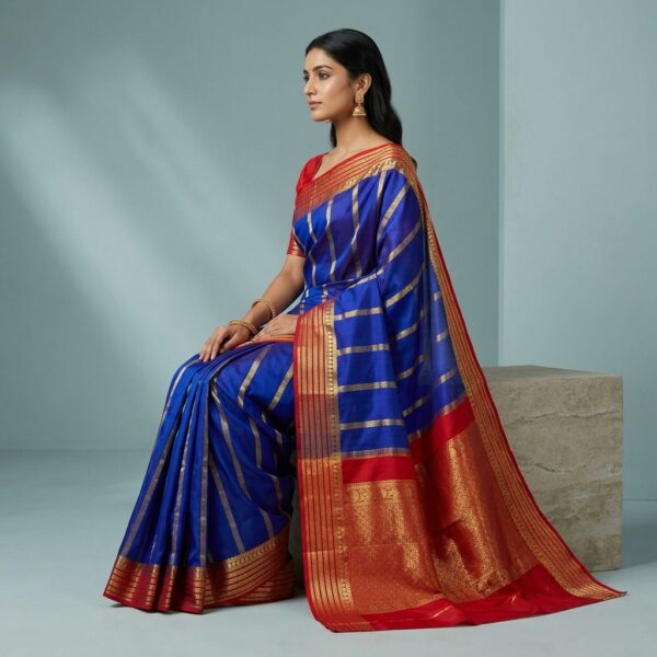 Maroon &Royal Blue border Mysore Silk Saree and Gold Zari Work - Image 2