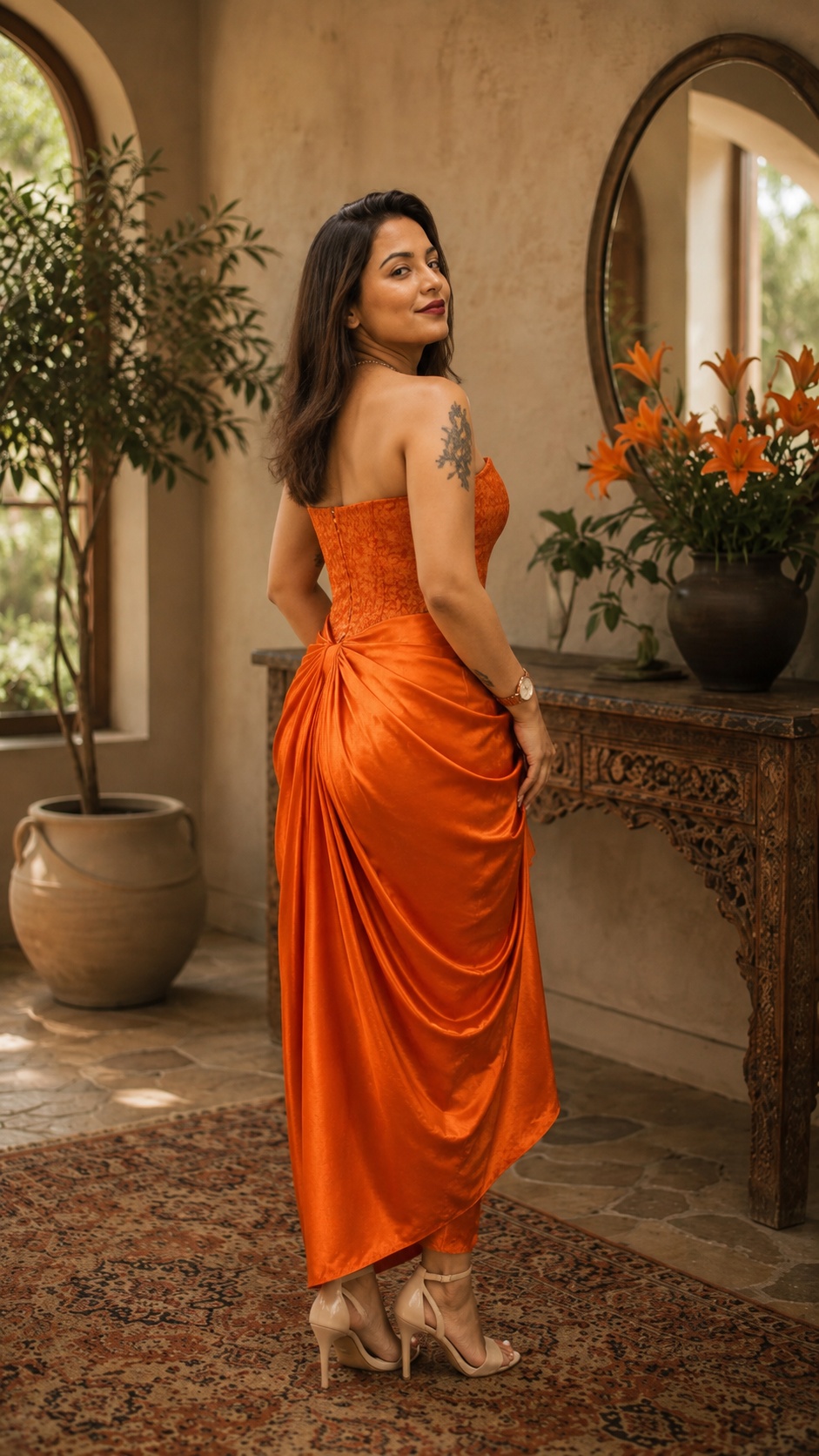 Burnt Orange Satin Draped Skirt with Orange Brocade Corset Crop Top Set - Image 2