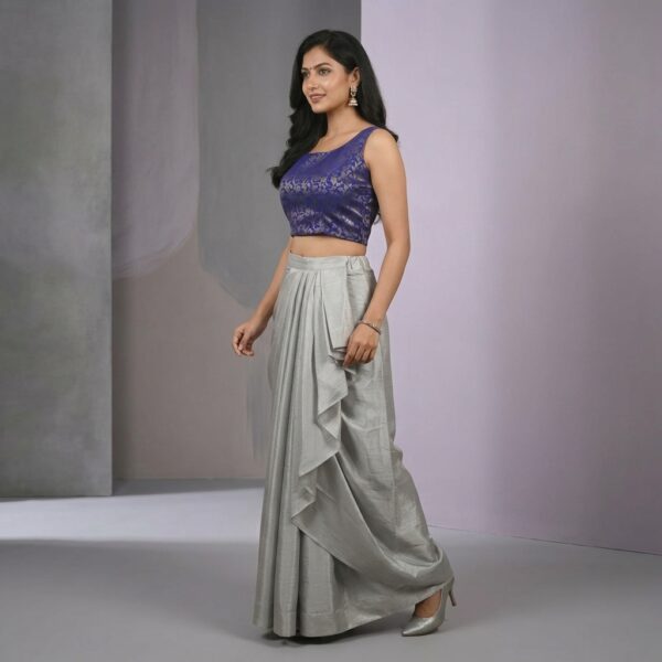 Purple Blue Brocade Blouse And Grey Draped Skirt Set For Women - Image 2