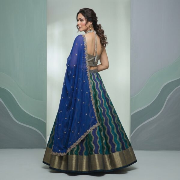 Green Blue Wave Pattern Embroidered Lehenga Choli Set for Women - Image 2