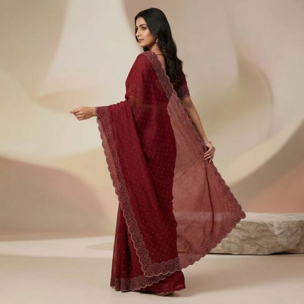 Maroon Tissue crape Embellished Scalloped Saree With unstiched Blouse - Image 2